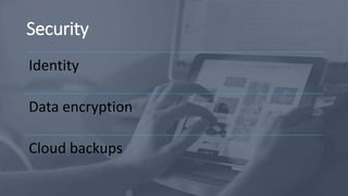 Security
Identity
Data encryption
Cloud backups
 