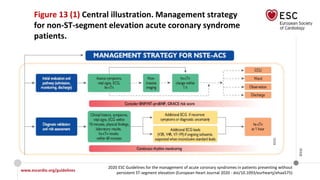 www.escardio.org/guidelines
2020 ESC Guidelines for the management of acute coronary syndromes in patients presenting without
persistent ST-segment elevation (European Heart Journal 2020 - doi/10.1093/eurheartj/ehaa575)
©ESC
Figure 13 (1) Central illustration. Management strategy
for non-ST-segment elevation acute coronary syndrome
patients.
 