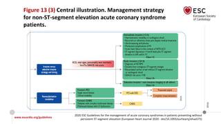 www.escardio.org/guidelines
2020 ESC Guidelines for the management of acute coronary syndromes in patients presenting without
persistent ST-segment elevation (European Heart Journal 2020 - doi/10.1093/eurheartj/ehaa575)
©ESC
Figure 13 (3) Central illustration. Management strategy
for non-ST-segment elevation acute coronary syndrome
patients.
 