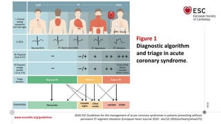 www.escardio.org/guidelines
2020 ESC Guidelines for the management of acute coronary syndromes in patients presenting without
persistent ST-segment elevation (European Heart Journal 2020 - doi/10.1093/eurheartj/ehaa575)
©ESC
Figure 1
Diagnostic algorithm
and triage in acute
coronary syndrome.
 
