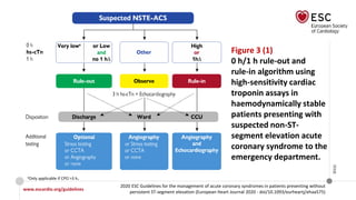 www.escardio.org/guidelines
2020 ESC Guidelines for the management of acute coronary syndromes in patients presenting without
persistent ST-segment elevation (European Heart Journal 2020 - doi/10.1093/eurheartj/ehaa575)
©ESC
Figure 3 (1)
0 h/1 h rule-out and
rule-in algorithm using
high-sensitivity cardiac
troponin assays in
haemodynamically stable
patients presenting with
suspected non-ST-
segment elevation acute
coronary syndrome to the
emergency department.
aOnly applicable if CPO >3 h.
 
