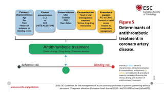 www.escardio.org/guidelines
2020 ESC Guidelines for the management of acute coronary syndromes in patients presenting without
persistent ST-segment elevation (European Heart Journal 2020 - doi/10.1093/eurheartj/ehaa575)
©ESC
Figure 5
Determinants of
antithrombotic
treatment in
coronary artery
disease.
Intrinsic (in blue: patient’s
characteristics, clinical presentation
& comorbidities) and extrinsic (in
yellow: co-medication & procedural
aspects) variables influencing the
choice, dosing, and duration of
antithrombotic treatment.
 