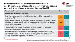 www.escardio.org/guidelines
2020 ESC Guidelines for the management of acute coronary syndromes in patients presenting without
persistent ST-segment elevation (European Heart Journal 2020 - doi/10.1093/eurheartj/ehaa575)
©ESC
Recommendations for antithrombotic treatment in
non-ST-segment elevation acute coronary syndrome patients
undergoing percutaneous coronary intervention (3)
Recommendations Class Level
Antiplatelet treatment (continued)
Cangrelor may be considered in P2Y12 receptor inhibitor-naïve patients
undergoing PCI.
IIb A
Pre-treatment with a P2Y12 receptor inhibitor may be considered in patients
with NSTE-ACS who are not planned to undergo an early invasive strategy
and do not have an HBR.
IIb C
Treatment with GP IIb/IIIa antagonists in patients in whom coronary
anatomy is not known is not recommended.
III A
It is not recommended to administer routine pre-treatment with a P2Y12
receptor inhibitor in patients in whom coronary anatomy is not known and
an early invasive management is planned.
III A
 