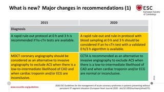 www.escardio.org/guidelines
2020 ESC Guidelines for the management of acute coronary syndromes in patients presenting without
persistent ST-segment elevation (European Heart Journal 2020 - doi/10.1093/eurheartj/ehaa575)
©ESC
What is new? Major changes in recommendations (1)
2015 2020
Diagnosis
A rapid rule-out protocol at 0 h and 3 h is
recommended if hs-cTn tests are available.
A rapid rule-out and rule-in protocol with
blood sampling at 0 h and 3 h should be
considered if an hs-cTn test with a validated
0 h/3 h algorithm is available.
MDCT coronary angiography should be
considered as an alternative to invasive
angiography to exclude ACS when there is a
low-to-intermediate likelihood of CAD and
when cardiac troponin and/or ECG are
inconclusive.
CCTA is recommended as an alternative to
invasive angiography to exclude ACS when
there is a low-to-intermediate likelihood of
CAD and when cardiac troponin and/or ECG
are normal or inconclusive.
 