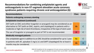 www.escardio.org/guidelines
2020 ESC Guidelines for the management of acute coronary syndromes in patients presenting without
persistent ST-segment elevation (European Heart Journal 2020 - doi/10.1093/eurheartj/ehaa575)
©ESC
Recommendations for combining antiplatelet agents and
anticoagulants in non-ST-segment elevation acute coronary
syndrome patients requiring chronic oral anticoagulation (6)
Recommendations Class Level
Patients undergoing coronary stenting
Antiplatelet treatment (continued)
DAT (with an OAC and either ticagrelor or prasugrel) may be considered as an
alternative to TAT (with an OAC, aspirin, and clopidogrel) in patients with a
moderate or high risk of stent thrombosis, irrespective of the type of stent used.
IIb C
The use of ticagrelor or prasugrel as part of TAT is not recommended. III C
Medically managed patients
One antiplatelet agent in addition to an OAC should be considered for up to 1 year. IIa C
In patients with AF, apixaban 5 mg b.i.d. and SAPT (clopidogrel) for at least 6
months may be considered.
IIb B
 