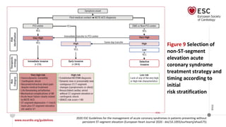 www.escardio.org/guidelines
2020 ESC Guidelines for the management of acute coronary syndromes in patients presenting without
persistent ST-segment elevation (European Heart Journal 2020 - doi/10.1093/eurheartj/ehaa575)
©ESC
Figure 9 Selection of
non-ST-segment
elevation acute
coronary syndrome
treatment strategy and
timing according to
initial
risk stratification
 