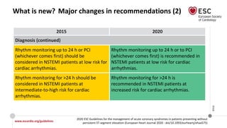 www.escardio.org/guidelines
2020 ESC Guidelines for the management of acute coronary syndromes in patients presenting without
persistent ST-segment elevation (European Heart Journal 2020 - doi/10.1093/eurheartj/ehaa575)
©ESC
What is new? Major changes in recommendations (2)
2015 2020
Diagnosis (continued)
Rhythm monitoring up to 24 h or PCI
(whichever comes first) should be
considered in NSTEMI patients at low risk for
cardiac arrhythmias.
Rhythm monitoring up to 24 h or to PCI
(whichever comes first) is recommended in
NSTEMI patients at low risk for cardiac
arrhythmias.
Rhythm monitoring for >24 h should be
considered in NSTEMI patients at
intermediate-to-high risk for cardiac
arrhythmias.
Rhythm monitoring for >24 h is
recommended in NSTEMI patients at
increased risk for cardiac arrhythmias.
 