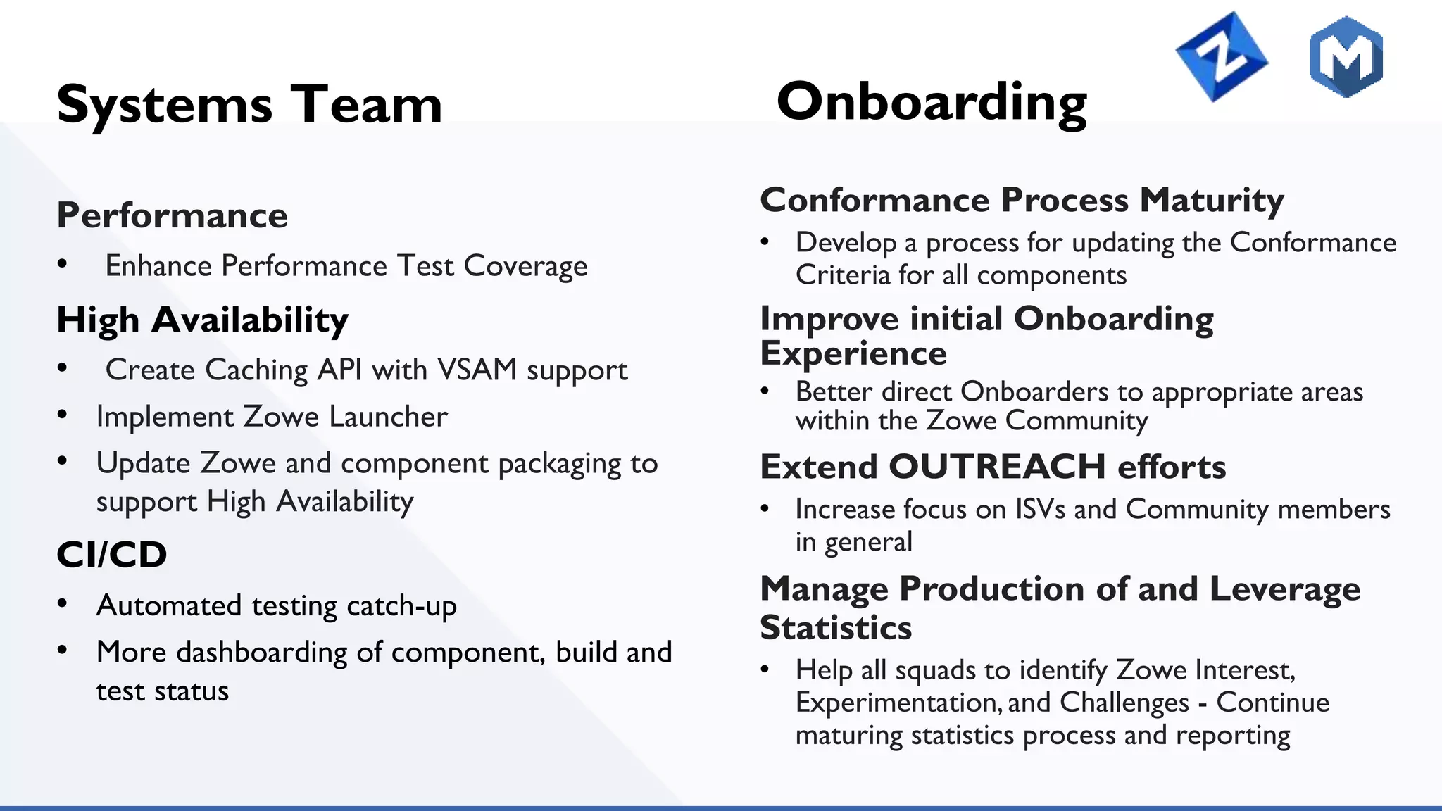 Systems Team
Performance
• Enhance Performance Test Coverage
High Availability
• Create Caching API with VSAM support
• Implement Zowe Launcher
• Update Zowe and component packaging to
support High Availability
CI/CD
• Automated testing catch-up
• More dashboarding of component, build and
test status
Onboarding
Conformance Process Maturity
• Develop a process for updating the Conformance
Criteria for all components
Improve initial Onboarding
Experience
• Better direct Onboarders to appropriate areas
within the Zowe Community
Extend OUTREACH efforts
• Increase focus on ISVs and Community members
in general
Manage Production of and Leverage
Statistics
• Help all squads to identify Zowe Interest,
Experimentation,and Challenges - Continue
maturing statistics process and reporting
 