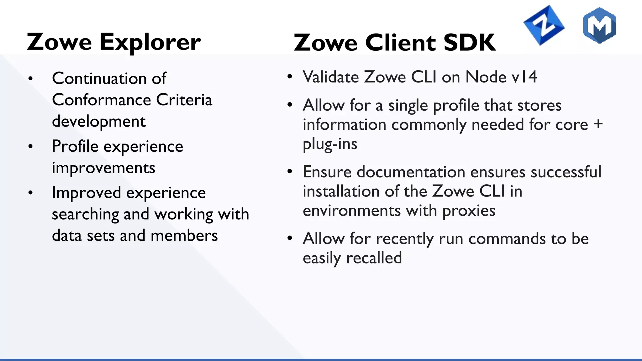 Zowe Explorer
• Continuation of
Conformance Criteria
development
• Profile experience
improvements
• Improved experience
searching and working with
data sets and members
Zowe Client SDK
• Validate Zowe CLI on Node v14
• Allow for a single profile that stores
information commonly needed for core +
plug-ins
• Ensure documentation ensures successful
installation of the Zowe CLI in
environments with proxies
• Allow for recently run commands to be
easily recalled
 