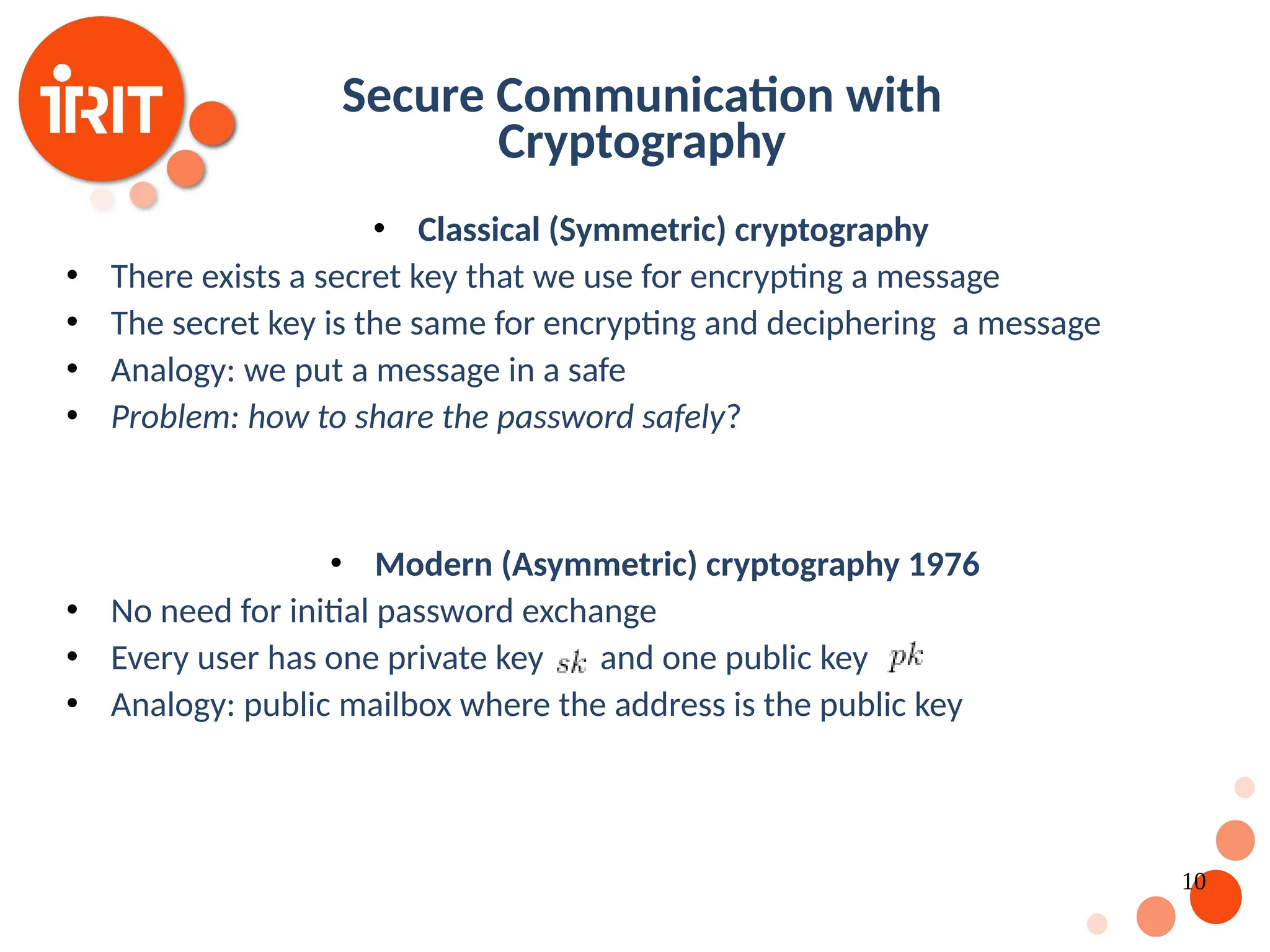 10 Secure Communication with Cryptography  Classical (Symmetric) cryptography  There exists a secret key that we use for encrypting a message  The secret key is the same for encrypting and deciphering a message  Analogy: we put a message in a safe  Problem: how to share the password safely?  Modern (Asymmetric) cryptography 1976  No need for initial password exchange  Every user has one private key and one public key  Analogy: public mailbox where the address is the public key 