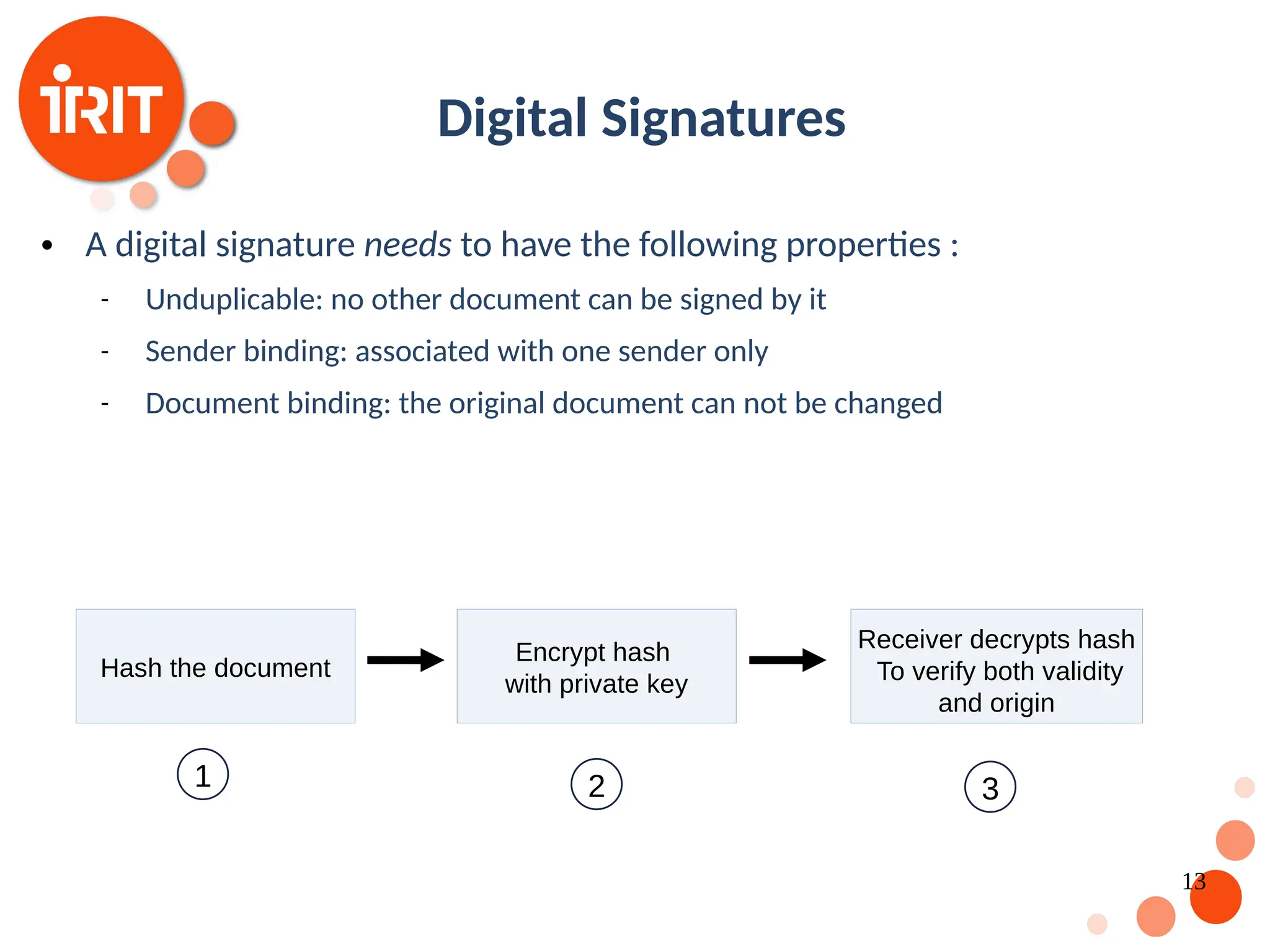 13 Digital Signatures  A digital signature needs to have the following properties :  Unduplicable: no other document can be signed by it  Sender binding: associated with one sender only  Document binding: the original document can not be changed Hash the document Encrypt hash with private key Receiver decrypts hash To verify both validity and origin 1 2 3 