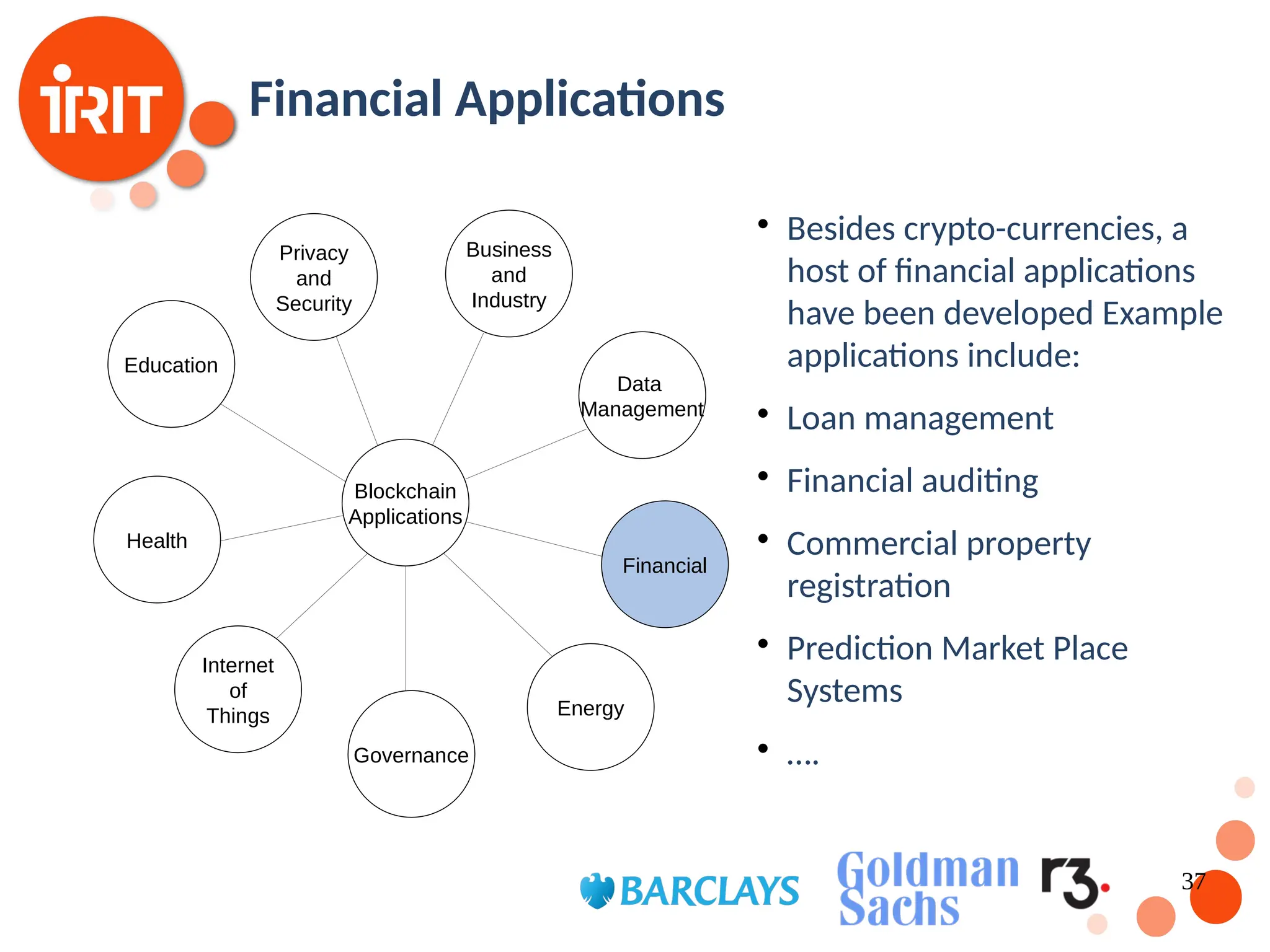 37 Financial Applications  Besides crypto-currencies, a host of financial applications have been developed Example applications include:  Loan management  Financial auditing  Commercial property registration  Prediction Market Place Systems  …. Blockchain Applications Internet of Things Health Governance Education Privacy and Security Business and Industry Data Management Financial Energy 