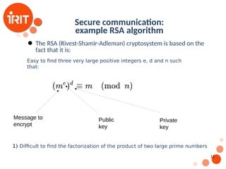11
Secure communication:
example RSA algorithm
 The RSA (Rivest-Shamir-Adleman) cryptosystem is based on the
fact that it is:
Easy to find three very large positive integers e, d and n such
that:
Message to
encrypt
Private
key
Public
key
1) Difficult to find the factorization of the product of two large prime numbers
 