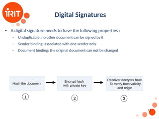 13
Digital Signatures
 A digital signature needs to have the following properties :
 Unduplicable: no other document can be signed by it
 Sender binding: associated with one sender only
 Document binding: the original document can not be changed
Hash the document
Encrypt hash
with private key
Receiver decrypts hash
To verify both validity
and origin
1 2 3
 