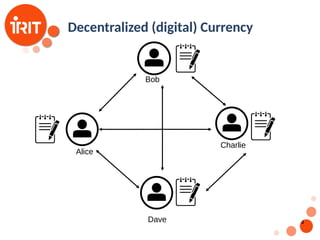 4
Alice
Charlie
Bob
Decentralized (digital) Currency
Dave
 