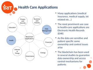 43
Health Care Applications

Many applications (medical
insurance, medical supply, iot
related etc...)

The most prominent use case
in health-care applications are
Electronic Health Records
(EHR)

As the data are sensitive and
patient specific some
ownership and control issues
arise

The blockchain has been used
in several studies to guarantee
data ownership and access
control mechanisms for
patients
Blockchain
Applications
Internet
of
Things
Health
Governance
Education
Privacy
and
Security
Business
and
Industry
Data
Management
Financial
Energy
 