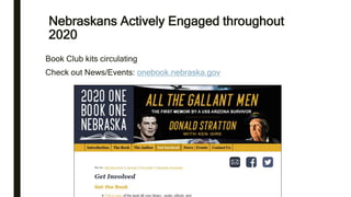 Nebraskans Actively Engaged throughout
2020
Book Club kits circulating
Check out News/Events: onebook.nebraska.gov
 