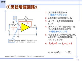 UEC
13
ٷܞ·1
1. g늈Re=0
륪ڥע
2. a늈RϽӵ늈R=0V
3. äƣR1
(1)ʽ
4. ڥפΣӤ飫
Ӥؤϥ
륪ڥע
5. ҥۥåդεһt꣬
azκͤ,
Ȥʤ뤫
6. i1 -i2 =0 
? ? = ?? ?1 ? ? ? (1)
ӵأ늈Rϥɥ٥ͬɤʤ
i1 = i2 = i
ӵأ̽jޥʥꥷ`ȣ
Щ`륷`ȤȤФƤ롣
-
+
V0
R1
R2
i1
i2
Vi
a
e=0
Vo

 