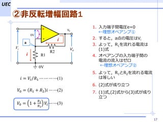 UEC
ڷǷܞ·1
17
1. g늈Re=0
륪ڥע
2. ȣa늈RVi
3. äƣR1
(1)ʽ
4. ڥפg
ϥ
륪ڥע
5. äƣR1R2
ϵȤ
6. (2)ʽɤ
7. (1)ʽ,(2)ʽ(3)ʽɤ

-
+ V0
R1
R2
i
i
Vi Vo
0V
0V
a
? = ?? ?1 ? ? ? ?(1)
?0 = ?1 + ?2 ? ? ?(2)
?0 = 1 +
?2
?1
?? ? ?(3)

 