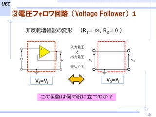 UEC
19
늈Rե·Voltage Follower1
V0=Vi
V0=Vi
V0Vi
늈R

늈R
Ȥ
λ·ϺΤۤĤΤ
ǷܞΉ R1= , R2= 0 
 