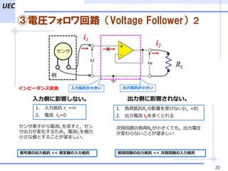 UEC
20
늈Rե·Voltage Follower2
1. ؓɵֿRLӰ푤ܤʤ(ro =0)
2.  i2यȤ
1. ֿ ri =
2.  i1=0
Ӥi1ȣ
仯뤿ᣬi1O
СʂȤ뤳Ȥޤ
ζλ·ؓRLСƤ⣬늈R
ʤȤޤ
ȤӰ푤ʤ
i1
i2
RL


X
ȤӰ푤ʤ
źԴγֿ << yֿ
ԩ`󥹉Q ֿ󤭤 ֿС
ǰλ·γֿ << ζλ·ֿ
 