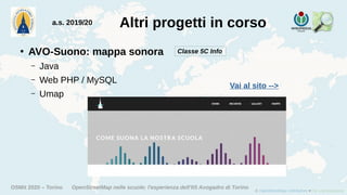 OSMit 2020 – Torino OpenStreetMap nelle scuole: l'esperienza dell'IIS Avogadro di Torino
Altri progetti in corsoa.s. 2019/20
●
AVO-Suono: mappa sonora
– Java
– Web PHP / MySQL
– Umap
Classe 5C Info
Vai al sito -->
 