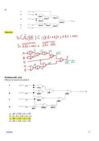 vasanza 2
d)
Solución:
Problema #2: (x%)
Obtener la función de salida S:
a) 𝐴𝐵 + 𝐶̅( 𝐵̅ + 𝐷) + 𝐶𝐷̅
b) 𝐴̅ + 𝐵̅ + 𝐶̅( 𝐵̅ + 𝐷...