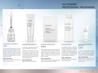 GEL MASAJE
ACUAPORINAS
Gel hidratante no graso
para masaje facial en cabina.
Creado para acondicionar la
piel y recuperar un nivel de
hidratación óptimo. Con
Xilitol y derivados,
hidratantes que extructuran
y armonizan la
hidrodinámica interna de la
piel.
Componentes principales
Xilitol y derivados.
GEL ULTRAHUMECTANTE HA
0,25%
Gel humectante elaborado
con elevado contenido en
ácido hialurónico
especialmente de alto peso
molecular; tamaño que
ayuda a hidratar y
acondicionar la superficie de
la piel.
Componentes principales
Ácido hialurónico de muy
bajo y alto peso molecular
(0,25%).
AGUA POLARIZADA
Solución con agua
polarizada, proceso que
permite empaquetar mayor
cantidad de agua molecular
en menos espacio.
Vehiculizada en liposomas
para mejorar su difusión en
la piel.
Componentes principales
Agua polarizada liposomada.
EMULSIÓN HIDRATANTE
INTENSIVA
0,25%
Crema hidratante para el
rostro, con elevado contenido
en ácido hialurónico de muy
bajo y alto peso molecular.
Componentes principales
Ácido hialurónico (0,25%(.
Extracto de girasol, Xilitol y
derivados..
18
HA DYNAMIC
PROFESSIONAL PROGRAMME
 