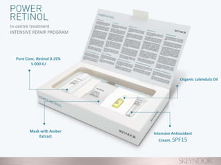 Pure Conc. Retinol 0.15%
5.000 IU
Organic calendula Oil
Mask with Amber
Extract
Intensive Antioxidant
Cream. SPF15
In-centre treatment
INTENSIVE REPAIR PROGRAM
 
