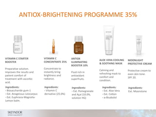MOONLIGHT
PROTECTIVE CREAM
Protective cream to
even skin tone.
SPF 20.
VITAMIN C
CONCENTRATE 25%
Concentrate to
instantly bring
brightness and
radiance.
ANTIOX
ILUMINATING
BOOSTER 10%
Fluid rich in
antioxidant
superfruits.
ALOE VERA COOLING
& SOOTHING MASK
Calming and
refreshing mask to
comfort and
condition.
VITAMIN C STARTER
BOOSTER
Preparative solution.
Improves the results and
patient comfort of
treatment with ascorbic
acid.
ANTIOX-BRIGHTENING PROGRAMME 35%
Ingredients:
- Biosaccharide gum-1
- Ext. Anogeissus Leiocarpus
- Ext. Euphrasia-Magnolia-
Lemon balm.
Ingredients:
- Vitamin C
derivative (25.0%)
Ingredients:
- Ext. Pomegranate
and Açaí (10.0%,
solution HG)
Ingredients:
- Ext. Aloe Vera
- Ext. Cotton
- α-Bisabolol
Ingredients:
Ext. Moonstone
 
