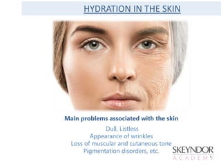 HYDRATION IN THE SKIN
Main problems associated with the skin
Dull, Listless
Appearance of wrinkles
Loss of muscular and cutaneous tone
Pigmentation disorders, etc.
 