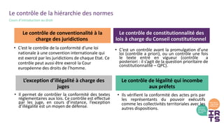 Le contrôle de constitutionnalité des
lois à charge du Conseil constitutionnel
• C’est un contrôle avant la promulgation d’une
loi (contrôle a priori), ou un contrôle une fois
le texte entré en vigueur (contrôle a
posteriori : il s’agit de la question prioritaire de
constitutionnalité – QPC).
Le contrôle de conventionalité à la
charge des juridictions
• C’est le contrôle de la conformité d’une loi
nationale à une convention internationale qui
est exercé par les juridictions de chaque Etat. Ce
contrôle peut aussi être exercé la Cour
européenne des droits de l’homme.
Le contrôle de la hiérarchie des normes
Cours d’introduction au droit
Le contrôle de légalité qui incombe
aux préfets
• Il permet de contrôler la conformité des textes
réglementaires aux lois. Ce contrôle est effectué
par les juge, en cours d’instance, l’exception
d’illégalité est un moyen de défense.
L’exception d’illégalité à charge des
juges
• Ils vérifient la conformité des actes pris par
les représentants du pouvoir exécutifs
comme les collectivités territoriales avec les
autres dispositions.
 