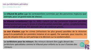 Les juridictions pénales
Cours d’introduction au droit
Le tribunal de police juge les contraventions commises par des personnes majeures (par
exemple, pour un grand excès de vitesse).
Le tribunal correctionnel juge les délits commis par des personnes majeures passibles
d'emprisonnement jusqu'à 10 ans et d'autres peines (amendes, peines complémentaires,
travail d'intérêt général). Par exemple, pour des violences graves.
Le Juridictions pour les mineurs : les mineurs doivent être jugés devant des
juridictions spécialisées comme le tribunal pour enfants ou la cour d'assises des
mineurs.
La cour d'assises juge les crimes (infractions les plus graves) passibles de la réclusion
jusqu'à la perpétuité (en première instance et en appel). Par exemple, pour meurtre. Un
jury de citoyens tirés au sort participe à la décision sur la condamnation.
 