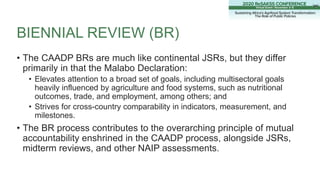 BIENNIAL REVIEW (BR)
• The CAADP BRs are much like continental JSRs, but they differ
primarily in that the Malabo Declarat...
