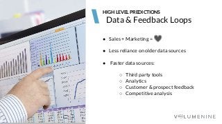 Image goes here
370 x 540 pixels
Data & Feedback Loops
HIGH LEVEL PREDICTIONS
● Sales + Marketing =
● Less reliance on older data sources
● Faster data sources:
○ Third party tools
○ Analytics
○ Customer & prospect feedback
○ Competitive analysis
 