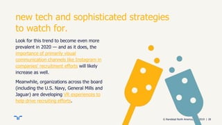 © Randstad North America, Inc. 2019 | 28
new tech and sophisticated strategies
to watch for.
Look for this trend to become even more
prevalent in 2020 — and as it does, the
importance of primarily visual
communication channels like Instagram in
companies' recruitment efforts will likely
increase as well.
Meanwhile, organizations across the board
(including the U.S. Navy, General Mills and
Jaguar) are developing VR experiences to
help drive recruiting efforts.
 