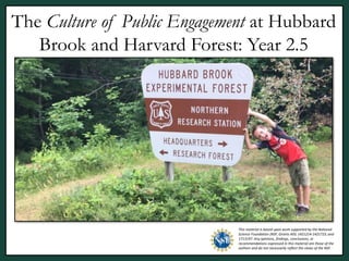 The Culture of Public Engagement at Hubbard
Brook and Harvard Forest: Year 2.5
This material is based upon work supported by the National
Science Foundation (NSF, Grants AISL 1421214-1421723, and
1713197. Any opinions, findings, conclusions, or
recommendations expressed in this material are those of the
authors and do not necessarily reflect the views of the NSF.
 