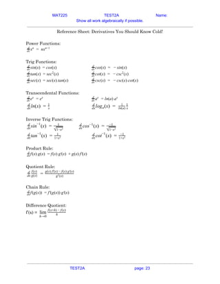 MAT225 TEST2A Name:
Show all work algebraically if possible.
Reference Sheet: Derivatives You Should Know Cold! 
 
Power Functions: 
x nxd
dx
n
= n−1
 
 
Trig Functions: 
sin(x) os(x)d
dx = c cos(x) in(x)d
dx = − s  
tan(x) (x)d
dx = sec2
cot(x) (x)d
dx = − csc2
 
sec(x) ec(x) tan(x)d
dx = s csc(x) sc(x) cot(x)d
dx = − c  
 
Transcendental Functions: 
ed
dx
x
= ex
a n(a) ad
dx
x
= l x
 
ln(x)d
dx = x
1
log (x)d
dx a = 1
ln(a) x
1
 
 
Inverse Trig Functions: 
sin (x)d
dx
−1
= 1
√1−x2
cos (x)d
dx
−1
= −1
√1−x2
 
tan (x)d
dx
−1
= 1
1+x2 cot (x)d
dx
−1
= −1
1+x2  
 
Product Rule: 
f(x) g(x) (x) g (x) (x) f (x)d
dx = f ′ + g ′  
 
Quotient Rule: 
d
dx
f(x)
g(x) = g (x)2
g(x) f (x) − f(x) g (x)′ ′
 
 
Chain Rule: 
f(g(x)) (g(x)) g (x)d
dx = f′ ′  
 
Difference Quotient: 
f’(x) =​ lim
h→0
h
f(x+h) − f(x)
   
TEST2A page: 23
 