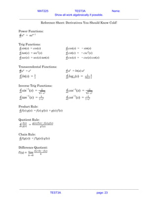 MAT225 TEST3A Name:
Show all work algebraically if possible.
Reference Sheet: Derivatives You Should Know Cold! 
 
Power Functions: 
x nx
d
dx
n
= n−1
 
 
Trig Functions: 
sin(x) os(x)
d
dx = c cos(x) in(x)
d
dx = − s  
tan(x) (x)
d
dx = sec2
cot(x) (x)
d
dx = − csc2
 
sec(x) ec(x) tan(x)
d
dx = s csc(x) sc(x) cot(x)
d
dx = − c  
 
Transcendental Functions: 
e
d
dx
x
= ex a n(a) a
d
dx
x
= l x
 
ln(x)
d
dx = x
1
log (x)
d
dx a = 1
ln(a) x
1
 
 
Inverse Trig Functions: 
sin (x)
d
dx
−1
= 1
√1−x2
cos (x)
d
dx
−1
= −1
√1−x2
 
tan (x)
d
dx
−1
= 1
1+x2 cot (x)
d
dx
−1
= −1
1+x2  
 
Product Rule: 
f(x) g(x) (x) g (x) (x) f (x)
d
dx = f ′ + g ′  
 
Quotient Rule: 
d
dx
f(x)
g(x) = g (x)
2
g(x) f (x) − f(x) g (x)
′ ′
 
 
Chain Rule: 
f(g(x)) (g(x)) g (x)
d
dx = f′ ′  
 
Difference Quotient: 
f’(x) =​ lim
h→0
h
f(x+h) − f(x)
   
TEST3A page: 23
 