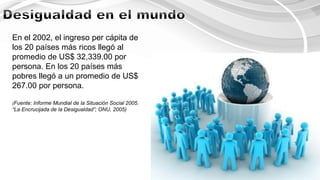 En el 2002, el ingreso per cápita de
los 20 países más ricos llegó al
promedio de US$ 32,339.00 por
persona. En los 20 países más
pobres llegó a un promedio de US$
267.00 por persona.
(Fuente: Informe Mundial de la Situación Social 2005.
“La Encrucijada de la Desigualdad”; ONU, 2005)
 