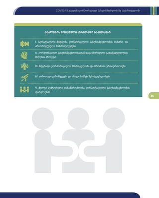 35
COVID-19 გავლენა კორპორაციულ პასუხისმგებლობაზე საქართველოში
ანალიზის მომცველი ძირითადი საკითხები:
I. სტრატეგიული მიდგომა კორპორაციული პასუხისმგებლობის მიმართ და
პრიორიტეტული მიმართულებები
II. კორპორაციულ პასუხისმგებლობასთან დაკავშირებული გადაწყვეტილების
მიღების პროცესი
III. მდგრადი კორპორაციული მმართველობა და შრომითი ურთიერთობები
IV. ძირითადი გამოწვევები და ახალი ბიზნეს შესაძლებლობები
V. მულტი-სექტორული თანამშრომლობა კორპორაციული პასუხისმგებლობის
ფარგლებში
 