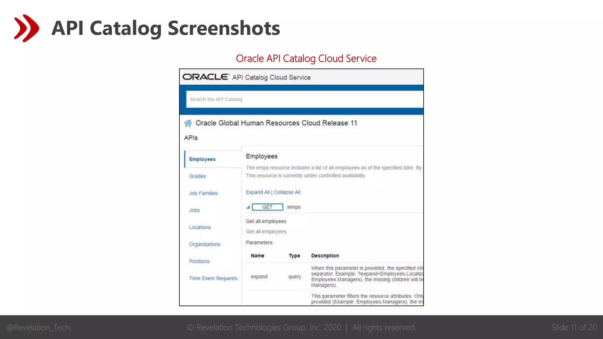 © Revelation Technologies Group, Inc. 2020 | All rights reserved. Slide 11 of 20
@Revelation_Tech
API Catalog Screenshots
Oracle API Catalog Cloud Service
 