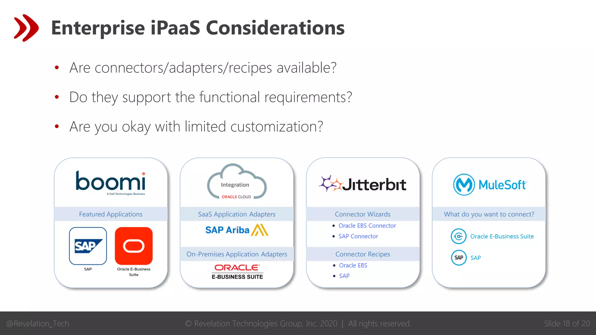 © Revelation Technologies Group, Inc. 2020 | All rights reserved. Slide 18 of 20
@Revelation_Tech
Enterprise iPaaS Considerations
• Are connectors/adapters/recipes available?
• Do they support the functional requirements?
• Are you okay with limited customization?
SaaS Application Adapters
Featured Applications
On-Premises Application Adapters
What do you want to connect?
Connector Wizards
Connector Recipes
 