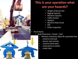• Weight of Barrier Rail
• Rigging Capacity
• Machine Capacity
• Traffic Control
• Spotters
• Machine Daily Visual
• PPE
• Picker Inspection
• Pinch Points
• Body Placement – Hands – Feet
• Between stationary object & suspended load
• …machine and load
• …barrier wall sections
• …machine blind spots
• ...pivot points on picker
• …under load
 