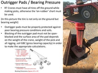 • RT Cranes must have all tires off the ground while
making picks, otherwise the ‘on-rubber’ chart must
be used.
(In this picture the tire is not only on the ground but
bearing weight)
• Outrigger pads must be properly protected against
poor bearing pressure conditions and soils.
• Blocking of the outrigger pad must not be span-
blocked and the surface area of the pad depends
on the weight of the crane, weight of the pick and
all rigging, soil GBC (gross bearing capacity) in order
to make the appropriate calculations.
Outrigger Pads / Bearing Pressure
 