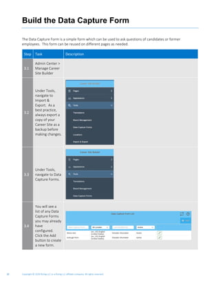 Copyright © 2020 Rizing LLC or a Rizing LLC affiliate company. All rights reserved.10
Build the Data Capture Form
The Data Capture Form is a simple form which can be used to ask questions of candidates or former
employees. This form can be reused on different pages as needed.
Step Task Description
3.1
Admin Center >
Manage Career
Site Builder
3.2
Under Tools,
navigate to
Import &
Export. As a
best practice,
always export a
copy of your
Career Site as a
backup before
making changes.
3.3
Under Tools,
navigate to Data
Capture Forms.
3.4
You will see a
list of any Data
Capture Forms
you may already
have
configured.
Click the Add
button to create
a new form.
 