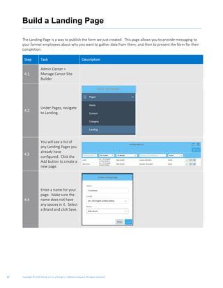 Copyright © 2020 Rizing LLC or a Rizing LLC affiliate company. All rights reserved.13
Build a Landing Page
The Landing Page is a way to publish the form we just created. This page allows you to provide messaging to
your former employees about why you want to gather data from them, and then to present the form for their
completion.
Step Task Description
4.1
Admin Center >
Manage Career Site
Builder
4.2
Under Pages, navigate
to Landing.
4.3
You will see a list of
any Landing Pages you
already have
configured. Click the
Add button to create a
new page.
4.4
Enter a name for your
page. Make sure the
name does not have
any spaces in it. Select
a Brand and click Save.
 