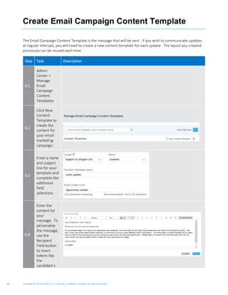 Copyright © 2020 Rizing LLC or a Rizing LLC affiliate company. All rights reserved.25
Create Email Campaign Content Template
The Email Campaign Content Template is the message that will be sent. If you wish to communicate updates
at regular intervals, you will need to create a new content template for each update. The layout you created
previously can be reused each time.
Step Task Description
6.1
Admin
Center >
Manage
Email
Campaign
Content
Templates
6.2
Click New
Content
Template to
create the
content for
your email
marketing
campaign.
6.3
Enter a name
and subject
line for your
template and
complete the
additional
field
selections.
6.4
Enter the
content for
your
message. To
personalize
the message,
use the
Recipient
Field button
to insert
tokens like
the
candidate’s
 