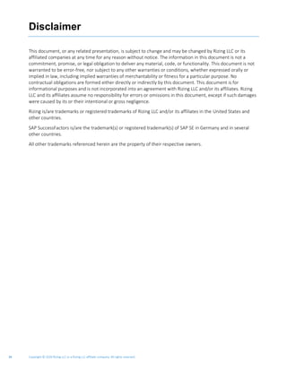Copyright © 2020 Rizing LLC or a Rizing LLC affiliate company. All rights reserved.34
Disclaimer
This document, or any related presentation, is subject to change and may be changed by Rizing LLC or its
affiliated companies at any time for any reason without notice. The information in this document is not a
commitment, promise, or legal obligation to deliver any material, code, or functionality. This document is not
warranted to be error-free, nor subject to any other warranties or conditions, whether expressed orally or
implied in law, including implied warranties of merchantability or fitness for a particular purpose. No
contractual obligations are formed either directly or indirectly by this document. This document is for
informational purposes and is not incorporated into an agreement with Rizing LLC and/or its affiliates. Rizing
LLC and its affiliates assume no responsibility for errors or omissions in this document, except if such damages
were caused by its or their intentional or gross negligence.
Rizing is/are trademarks or registered trademarks of Rizing LLC and/or its affiliates in the United States and
other countries.
SAP SuccessFactors is/are the trademark(s) or registered trademark(s) of SAP SE in Germany and in several
other countries.
All other trademarks referenced herein are the property of their respective owners.
 