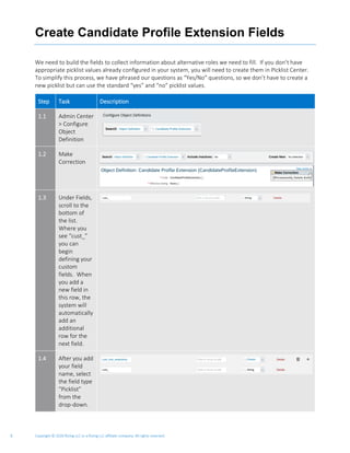 Copyright © 2020 Rizing LLC or a Rizing LLC affiliate company. All rights reserved.5
Create Candidate Profile Extension Fields
We need to build the fields to collect information about alternative roles we need to fill. If you don’t have
appropriate picklist values already configured in your system, you will need to create them in Picklist Center.
To simplify this process, we have phrased our questions as “Yes/No” questions, so we don’t have to create a
new picklist but can use the standard “yes” and “no” picklist values.
Step Task Description
1.1 Admin Center
> Configure
Object
Definition
1.2 Make
Correction
1.3 Under Fields,
scroll to the
bottom of
the list.
Where you
see “cust_”
you can
begin
defining your
custom
fields. When
you add a
new field in
this row, the
system will
automatically
add an
additional
row for the
next field.
1.4 After you add
your field
name, select
the field type
“Picklist”
from the
drop-down.
 